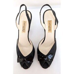 Casadei Woman's Shoes Sz 7 1/2 Black Leather Satin with Sequin Bow Sling Back